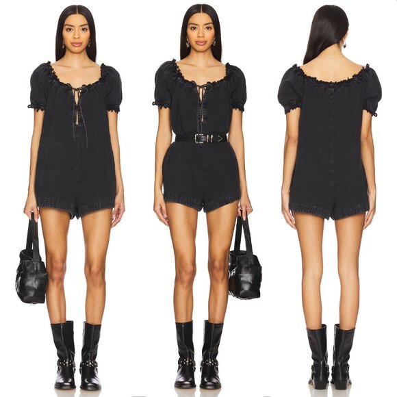 Free People WE THE FREE Daisy Babydoll ROMPER Size M Black Denim Pockets NEW - Picture 5 of 10